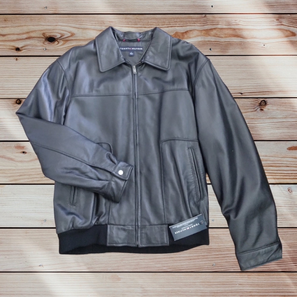 Vintage Tommy Hilfiger Black Plush Leather Jacket Large NWT